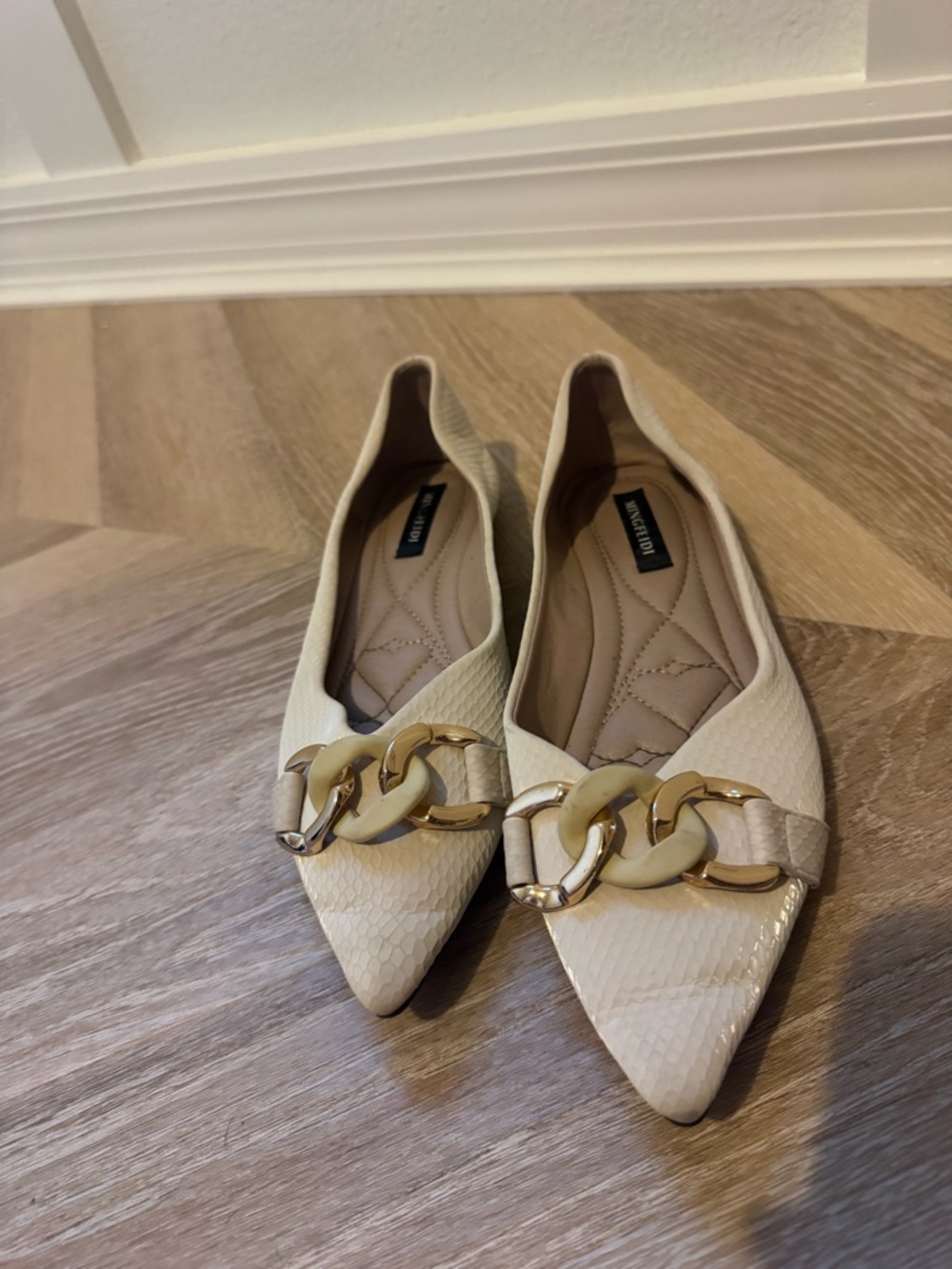 Women's Cream Pointed-Toe Flats with Gold Chain Accent